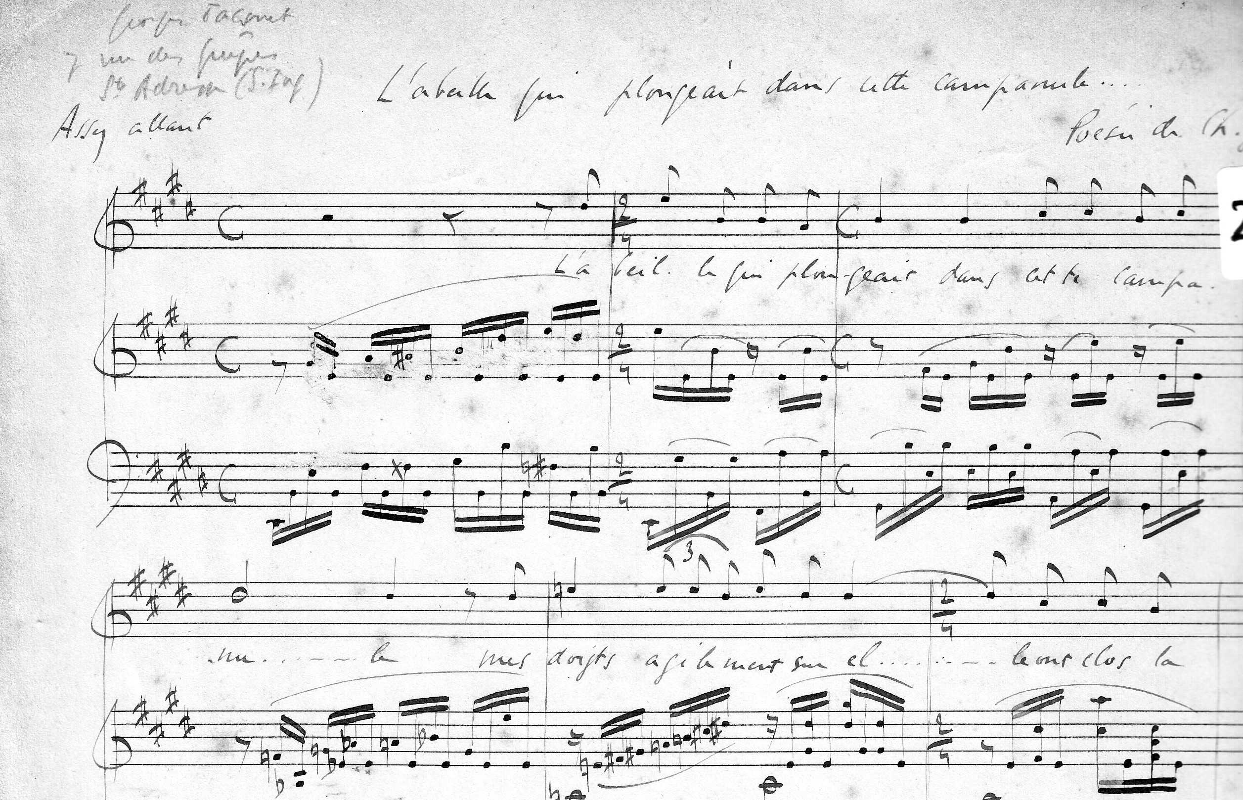 Extrait d’une partition manuscrite de Georges Taconet “L’abeille qui plongeait”, poème de Charles Guérin mélodie mise en musique par Georges Taconet